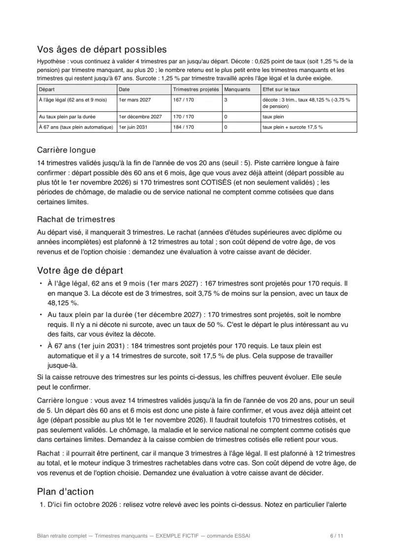 Page des âges de départ possibles d'un bilan d'exemple (cas fictif)